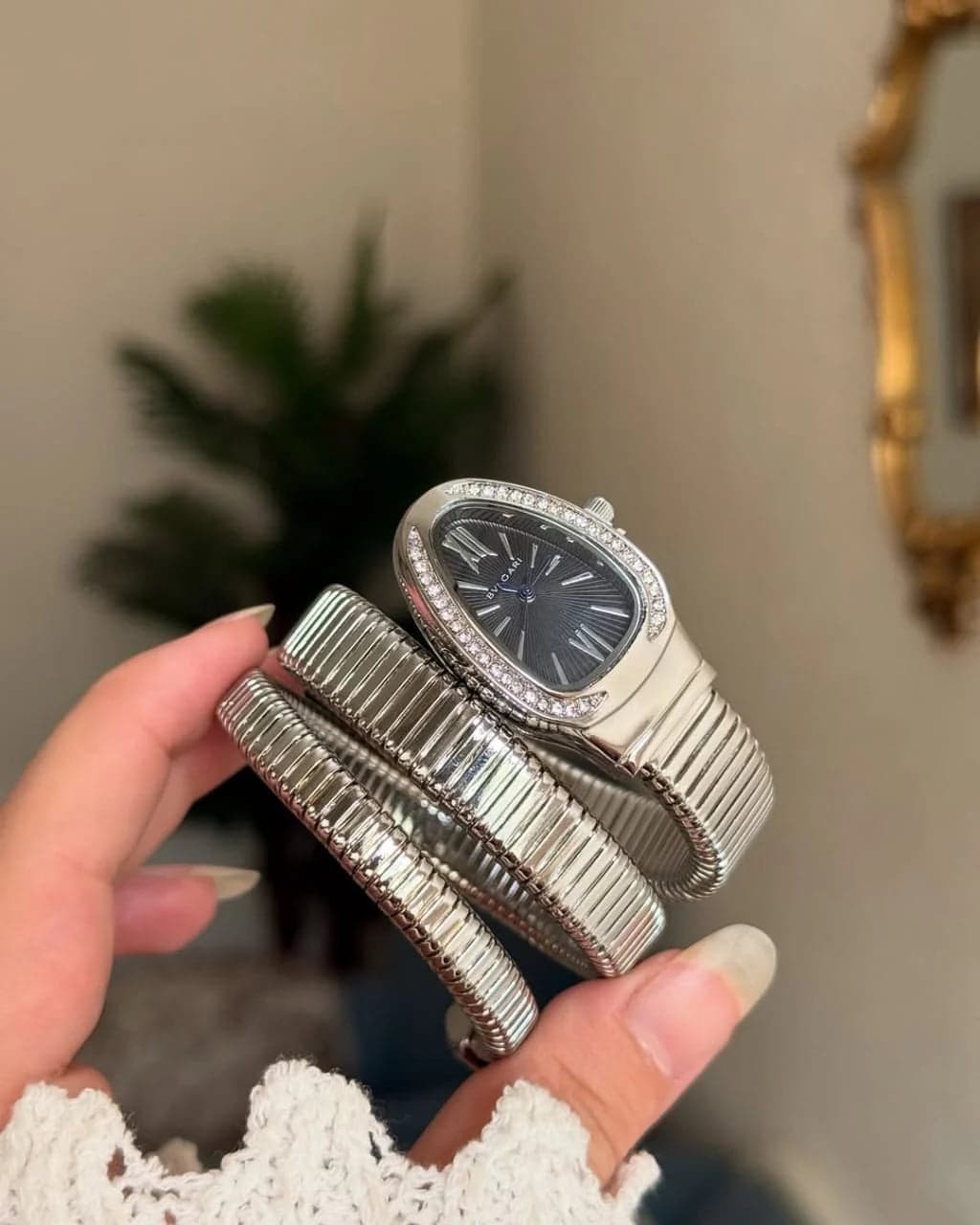 Women's Coiled Snake-Design Bracelet Watch - Black Dial, Silver-Tone – Front View